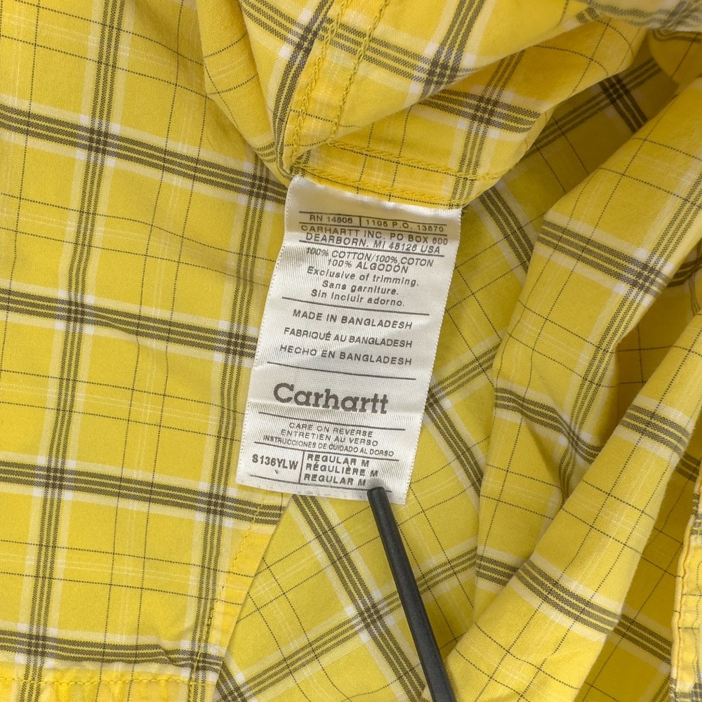Carhartt Mens Medium Yellow Check Plaid Short Sleeve Casual Button Up Shirt S136 - Picture 6 of 7